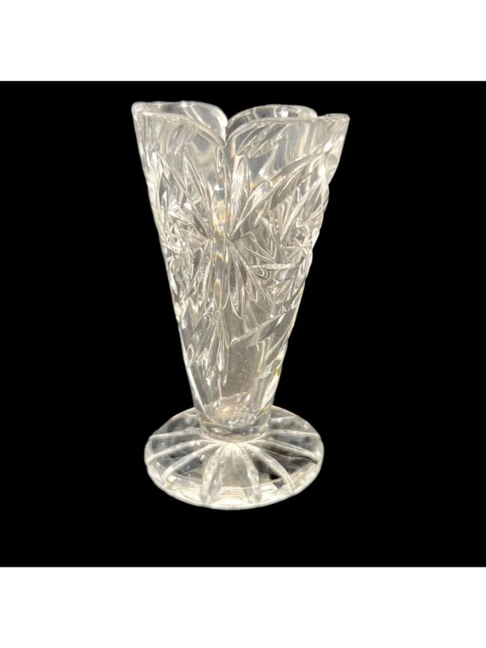 Vintage Cut Crystal Fan Vase Starburst Scalloped Footed Clear 4.5 inch MCM